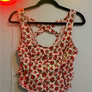 Free People White Tank Top with Red Rose Print and Crisscross Back
